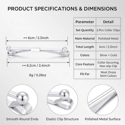 Elandy 2Pcs Mens Tie Clips Shirt Collar Clip Necktie Bar Pinch Clip with Gold Silver Tone Business Tie Pins Collar Holder for Anniversary Wedding Party Meeting