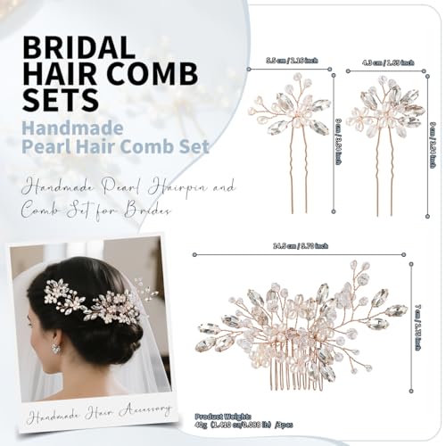Wedding Hair Accessories Crystal bridal hair pins Rhinestone Pearl hair comb Brides and Bridesmaids, Girls, Women(Rose Golden) - color: Rose Golden