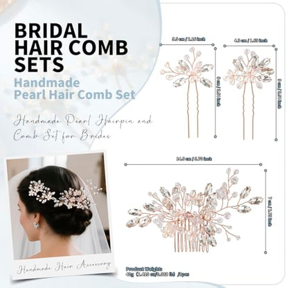 Wedding Hair Accessories Crystal bridal hair pins Rhinestone Pearl hair comb Brides and Bridesmaids, Girls, Women(Rose Golden) - color: Rose Golden