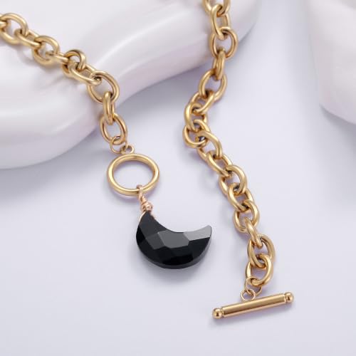 Kvekstio Black Obsidian Moon Necklace - Natural Crystal Crescent Pendant & Gold Toggle Clasp for Women, Gothic Celestial Energy Stone Necklace, Spiritual Protection Healing Jewelry for Her