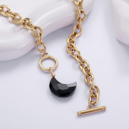 Kvekstio Black Obsidian Moon Necklace - Natural Crystal Crescent Pendant & Gold Toggle Clasp for Women, Gothic Celestial Energy Stone Necklace, Spiritual Protection Healing Jewelry for Her