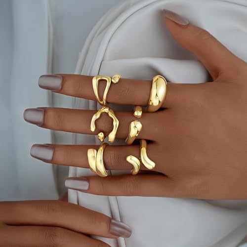 17 MILE Chunky Gold Stackable Rings for Women Non Tarnish, 18K Gold-Plated Statement Open Stacking Rings, Knuckle Band Ring Set - color: Gold 6 Pcs