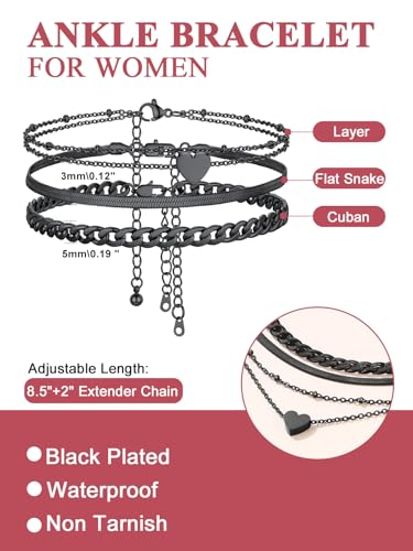 FOCALOOK Anklet Bracelets Set for Women, 14K Gold Plated Layered Anklet Set | Adjustable for Large Ankle, Cuban/Snake/Figaro/Paperclip Chain, Waterproof & Non Tarnish for Everyday Wear, Beach & Summer - color: B:3Pcs-Anklet Set-Black