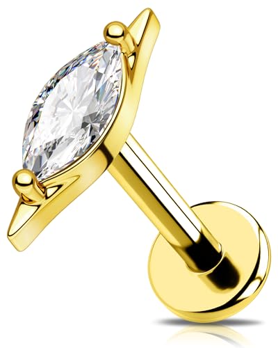 OUFER G23 Titanium Threadless Flat Back Stud, Marquise CZ Cartilage Earring, 18G Minimalist Helix Tragus Flat Piercing Jewelry for Sensitive Ears, 6mm Post - color: Gold --Clear