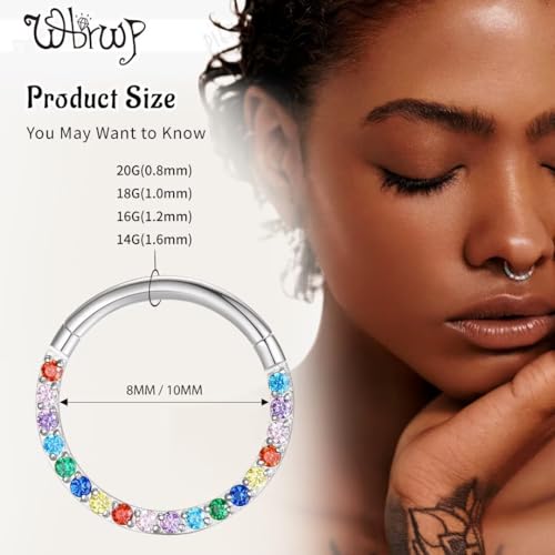 WBRWP 316L Stainless Steel Nose Hoop Rings Clicker with Zircon/Opal 14g-20g | Hypoallergenic Nose Rings Segment Clicker Lip Rings Cartilage Rook Conch Earrings Diameter 5mm-10mm - color: Flat silver ring with colorful zircon-1pc pack
