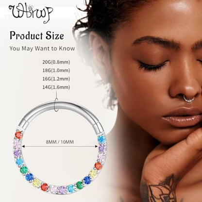 WBRWP 316L Stainless Steel Nose Hoop Rings Clicker with Zircon/Opal 14g-20g | Hypoallergenic Nose Rings Segment Clicker Lip Rings Cartilage Rook Conch Earrings Diameter 5mm-10mm - color: Flat silver ring with colorful zircon-1pc pack