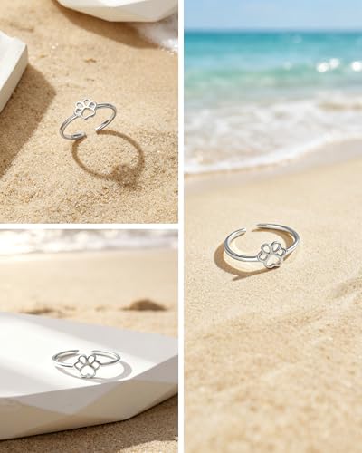 SUYACS 925 Sterling Silver Dog Cat Paw Print Toe Rings for Women | Puppy Pet Animal Claw Adjustable Open Pinky Ring Hypoallergenic Summer Holiday Beach Foot Jewelry Gifts for Mother Daughter - color: Style 1-Hollow Dog Paw