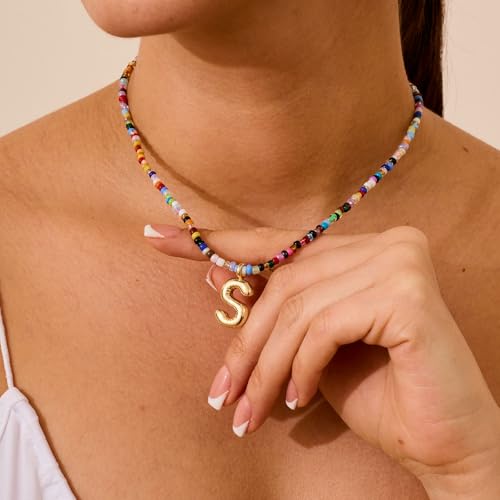 VRIUA Colorful Initial Necklaces for Women – Bubble Letter A-Z Necklace Handmade Beaded Necklace Dainty Initial Necklaces for Girls Kids - Teen Girls Gifts Trendy Jewelry - color: Gold, style: S