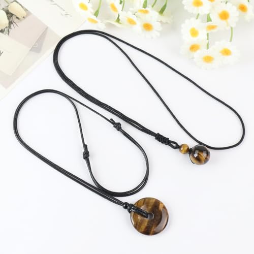 2pcs Natural Crystal Stone Lucky Coin Crystal Necklace Donut Pendnat, 16mm Stone Bead Pendant for Women and Men Necklace - color: Tiger's Eye