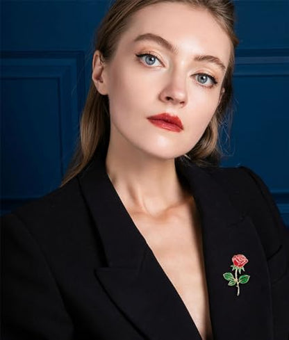Red Rose Flower Brooch Pin for Women Girls Men Red Green Enamel 14k Gold Plated Cute Floral Lapel Pins Dress Accessories Boutonniere Corsage for Hat Bag Suit Tie Jewelry for Wedding Anniversary