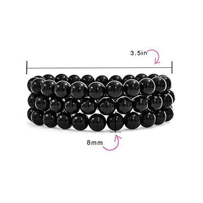 Bling Jewelry Genuine 8MM Gemstone Ball Bead Stretch Bracelet Stackable (3 Set) - color: Black Onyx