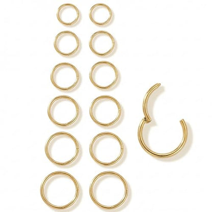 6Pairs Nose Rings Hoops - 316L Surgical Steel Hinged Nose Hoops 16G/18G/20G Clicker Septum Nose Ring Lip Helix Cartilage Hoop Earring Daith Rook Conch Body Piercing Jewelry for Women Men 6mm 7mm 8mm 9mm 10mm 12mm - color: Gold, size: 16 gauge(1.2mm)