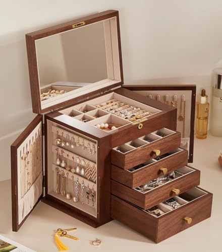 CHOSIN Black Walnut Wooden Jewelry Box for Women with Lock, Mirror, 5 Layer | Lockable wity Key, 4 Drawers, 2 Side Doors, Large Capacity for Necklaces, Earrings, Rings, Watches, Brooches, Women Gifts - size: 5 Layer - Top Lock