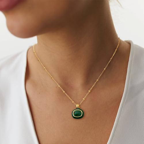 Jean Beau Gold Stone Pendant Necklaces for Women, Chunky Gemstone Dangle Necklace Wedding Prom Fashion Jewelry Gift - color: Malachite