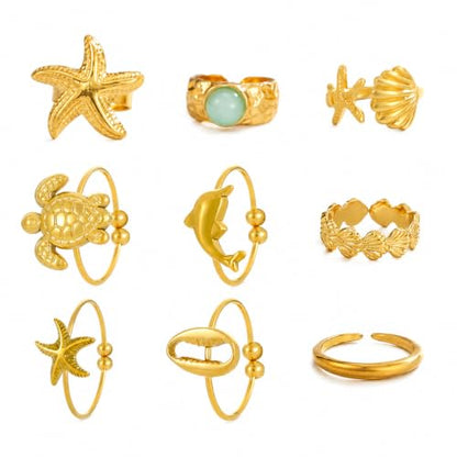 9Pcs Gold Toe Rings for Women Non Tarnish 18K Gold Plated Stainless Steel Toe Rings Adjustable Starfish Shell Ring Summer Beach Waterproof Foot Jewelry