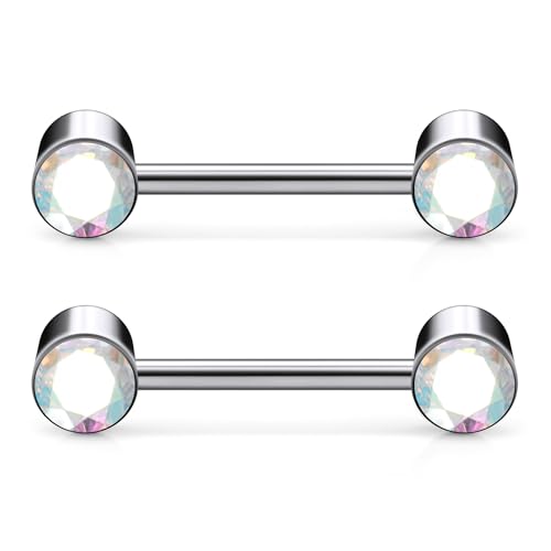 14G ASTM F136 Titanium Nipple Piercing Jewelry Round CZ Nipple Barbell Jewelry Internally Threaded G23 Solid Titanium Nipple Piercing Barbell Ring Jewelry for Women Men 14 Gauge - style: AB CZ