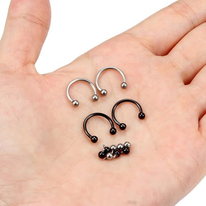 Lcolyoli 16g Septum Rings Internally Threaded Surgical Steel Septum Jewelry Lip Rings Hoop Labret Jewelry Horseshoe Earrings Daith Piercing Jewelry for Women Men - color: 16g,silvertone+black