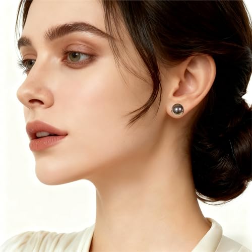 Gold & Brown Faux Pearl Stud Earrings, S925 Silver Posts Hypoallergenic for Women - color: Brown, size: 12mm