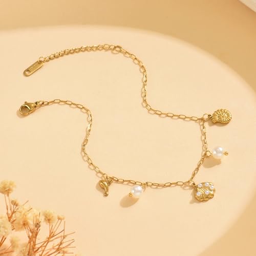 18K Gold Plated Waterproof Summer Beach Ankle Bracelets for Women | Starfish Sea Shell Pearls CZ Diamond Dangle Anklets - style: Shell Pearls-GD