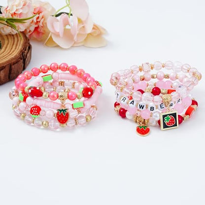 Summer Surfer Heishi Bracelet Set for Women Stackable Gold Plated Clay Ploymer Bead Stretch Pink Beach Layering Bracelets Jewelry - color: A-Strawberry bracelet