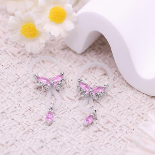 2 Pcs Butterfly Fake Nipple Rings for Women, CZ Nipple Noose Nipple Jewelry Non Piercing Dangle Nipple Ring, Non Pierced Nipple Body Jewelry - color: silver pink