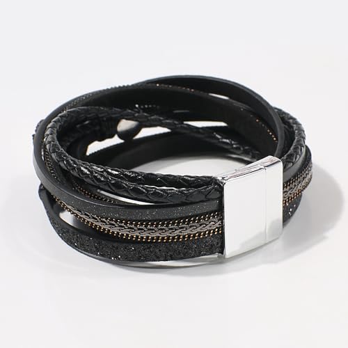 Artilady Leather Wrap Bracelet for Women, Pearl Beaded Bangle Stack Jewelry | Easy on-off, Elegant Handmade Multi-Layered, Daily Casual Date Beach Vacation, Gift for Ladies, Mother, Sister & Friend - style: Black with druzy