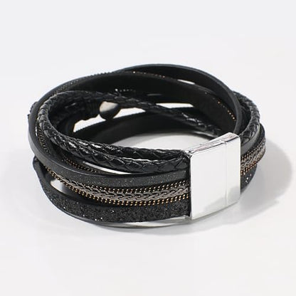 Artilady Leather Wrap Bracelet for Women, Pearl Beaded Bangle Stack Jewelry | Easy on-off, Elegant Handmade Multi-Layered, Daily Casual Date Beach Vacation, Gift for Ladies, Mother, Sister & Friend - style: Black with druzy