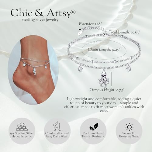 CHIC & ARTSY 925 Sterling Silver Ankle Bracelets for Women, Adjustable Layered Foot Chains with Nature & Symbol Charms, Lightweight Comfort Fit Boho Beach Everyday Jewelry - color: 2# Octopus Anklet