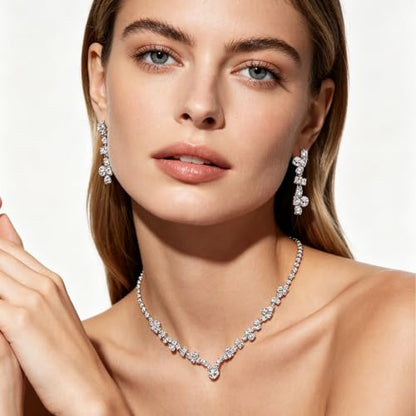 NEWITIN 4 Pieces Crystal Jewelry Set for Women Wedding Costume Accessories | Hypoallergenic, Cubic Zirconia, Necklace Earrings Bracelet, Tennis, Silver Jewelry for Wedding Bride Bridesmaid Party Prom - color: Silver Beauty