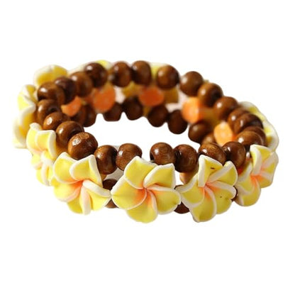 Hawaiian Plumeria Rubra Wooden Beaded Bracelet for Women Boho Polymer Clay Plumeria Flower Stretch Bracelet Summer Beach Jewelry - color: Yellow