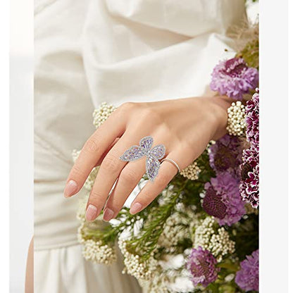 Butterfly Rings for Women Adjustable Golden Cocktail Ring Sparkly Stones Statement Silver Bow Open Wrap Bow Jewelry Bridesmaids Wedding Valentine’s Day Gift Lover Mother - color: JZ03-Silver Purple