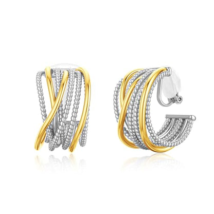 Clip on Earrings for Women Silver and Gold Plated Twisted Rope Hoops Non Pierced C Hoop Earring Lightweight Two Tone Clips Mixed Metal Jewelry Gifts - color: Wide Hoop-silver&gold