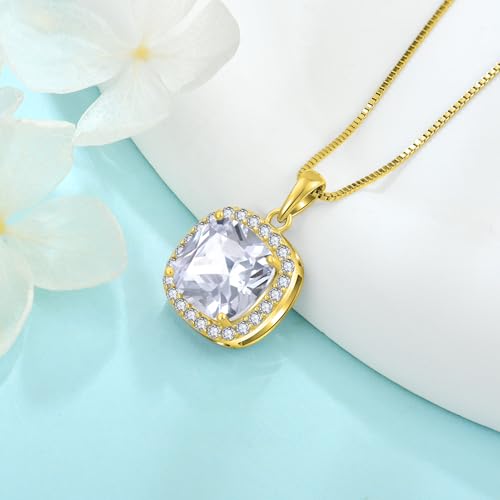 Birthstone Necklace for Women 925 Sterling Silver Princess Cut Halo Necklace Pendant Jewelry for Mom Wife - color: Gold