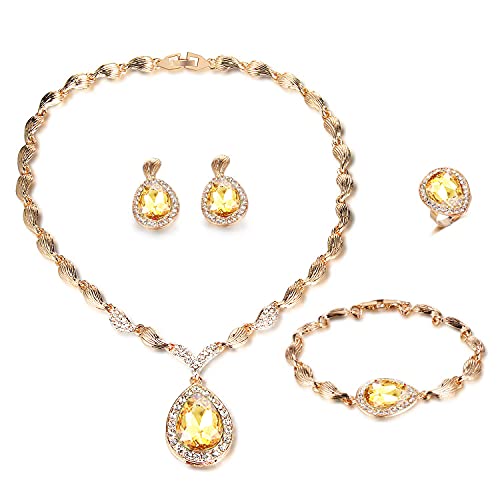 Womens Luxury Africa Dubai 18k Gold Plated Jewelry Sets Wedding Rhinestone Crystal Bib Statement Necklace Earrings Set for Brides Party Prom - color: Champagne