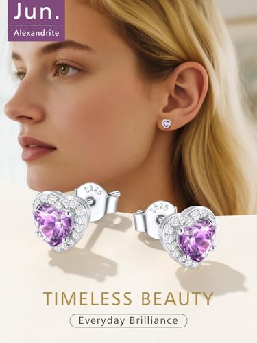 FindChic Birthstone Earrings for Women, Round/Heart/Square/Teardrop Earrings with 925 Sterling Silver Posts & Push Backs, Hypoallergenic Studs with Cubic Zirconia, 12 Months Jewelry with Gift Box - style: 06. June-Alexandrite (Heart-Silver)