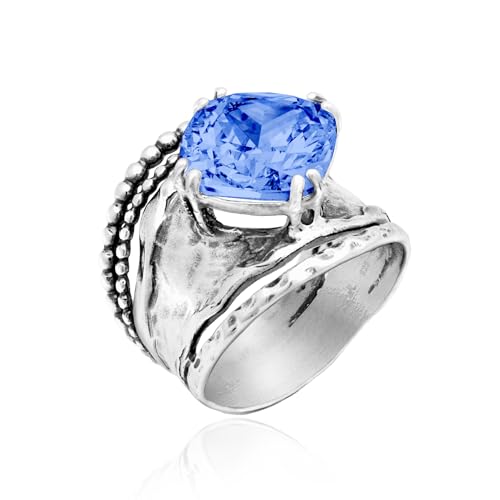 JEAN RACHEL JEWELRY 925 Sterling Silver Prong Solitaire Ring | Raised crown engagement style ring mounting a precision faceted brilliant Cubic Zirconia solitaire over stacked silver rows. - color: Tanzanite CZ