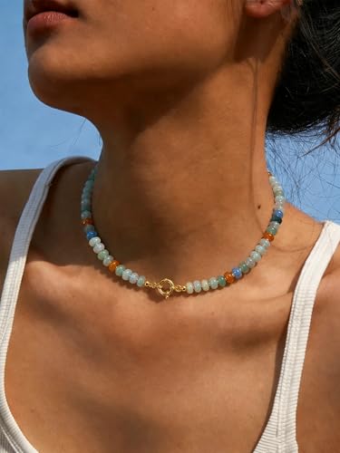 HAXIYA Colorful Beades Gemstone Necklace for Women Boho Beaded Choker | Rainbow Natural Stone Chunky Bead Surfer Summer Beach Necklaces Jewelry Hypoallergenic - color: Green