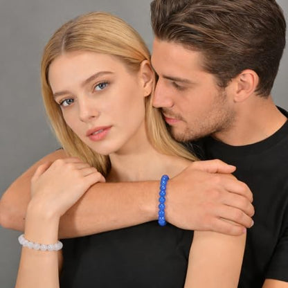 2PCS Agate Bracelet for Women Men Natural Round Beaded Agates Stone Healing Stretch Bracelets Elastic Handmade Polished Gemstone Beads Bracelet - color: White+Blue, size: 8mm Beads