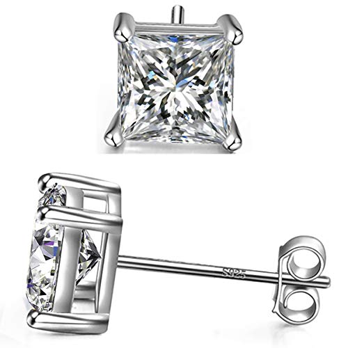 925 Sterling Silver Stud Earrings 4 Prong Princess Cut Square Cubic Zirconia Ear Stud for Women Men CZ 4mm-7mm - style: White Gold--1.60cttw (4mm)