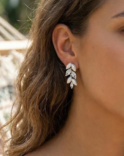 Pearl Earrings - 14K Gold/White Gold/Rose Gold Plated Cubic Zirconia CZ Diaomond Accented Pearl Drop Dangle Earrings for Women Wedding Bridal Prom - color: Silver leaf design