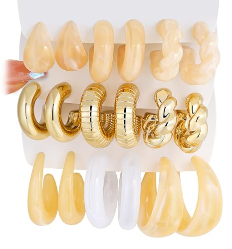 Chunky Gold Hoop Earrings for Women 9 Pairs, Fashion Resin Jewelry Gifts | Thick, Open, Twisted, Huggie, lightweight, 14K Gold-plated, Hypoallergenic, Great for Party/Gathering/Wedding/Work/Daily - color: Yellow