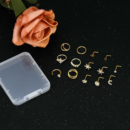 27-60 Pcs Nose Rings for Women Nose Piercing Jewelry Silver Nose Rings Studs 20G Surgical Nose Rings Hoops Nose Rings L Shaped Studs Screw Stainless Steel Nose Piercings for Women Men - color: gold-20G-14 pcs