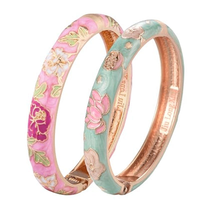 UJOY Cloisonne Bracelet Butterfly Hinge Indian Cuff Bangle Enameled Jewelry Flower Bracelets for Women Gift Box 55A114 - color: 2 Pcs/Set-Lotus-Green and Pink