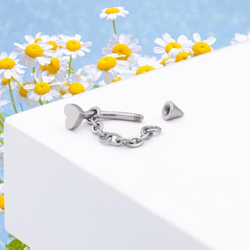 3 Pcs 316L Stainless Steel 16G Tragus Helix Rook Piercing Jewelry with Chain, Cartilage Earrings for Women, Belly Button Ring Vertical Labret Lip Piercing Jewelry - color: Silver, size: Heart