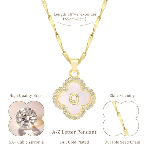 LETFLY 14K Four Leaf Clover Natural Shells Initial A-Z Necklaces for Women - color: Gold, style: Letter Q