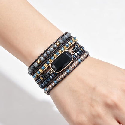 Plumiss Women Boho Handmade Natural Stone Crystal Leather Bead Wrap Bracelets Collection - style: Black Onxy-Ne