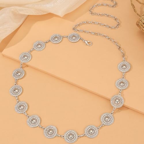 Women Western Concho Chain Belt - Fashion Gold Metal Waist Cowgirl Belt for Dresses Jeans - color: Silver-sun-flower