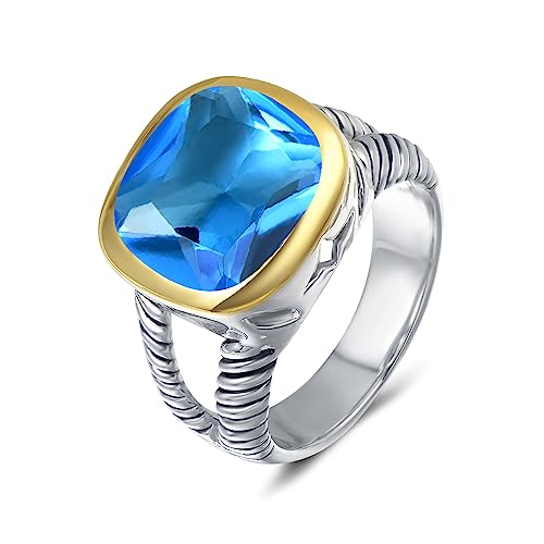 UNY JEWEL Twisted Cable Wire Two Tone Cusion Cut CZ Statement Ring Designer Inspired Fashion Love Antique Women Jewelry Gift - color: Blue