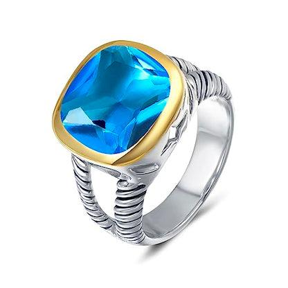 UNY JEWEL Twisted Cable Wire Two Tone Cusion Cut CZ Statement Ring Designer Inspired Fashion Love Antique Women Jewelry Gift - color: Blue