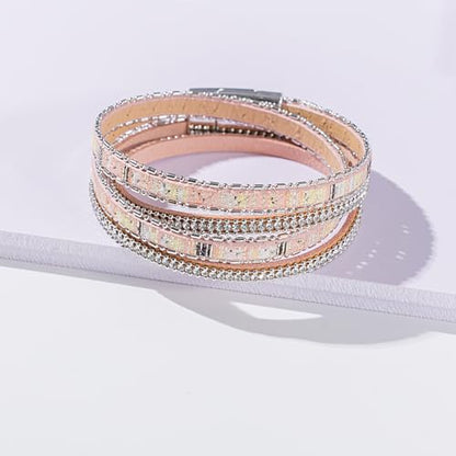 Boho Double Wrap Leather Bracelets Stackable Layered Western Hippie Jewelry | Colorful Stacked Bohemian Statement Chunky Magnetic Clasp Cuff Bangles Cowgirl Country Summer Beach Outfits for Women Trendy - color: Pink
